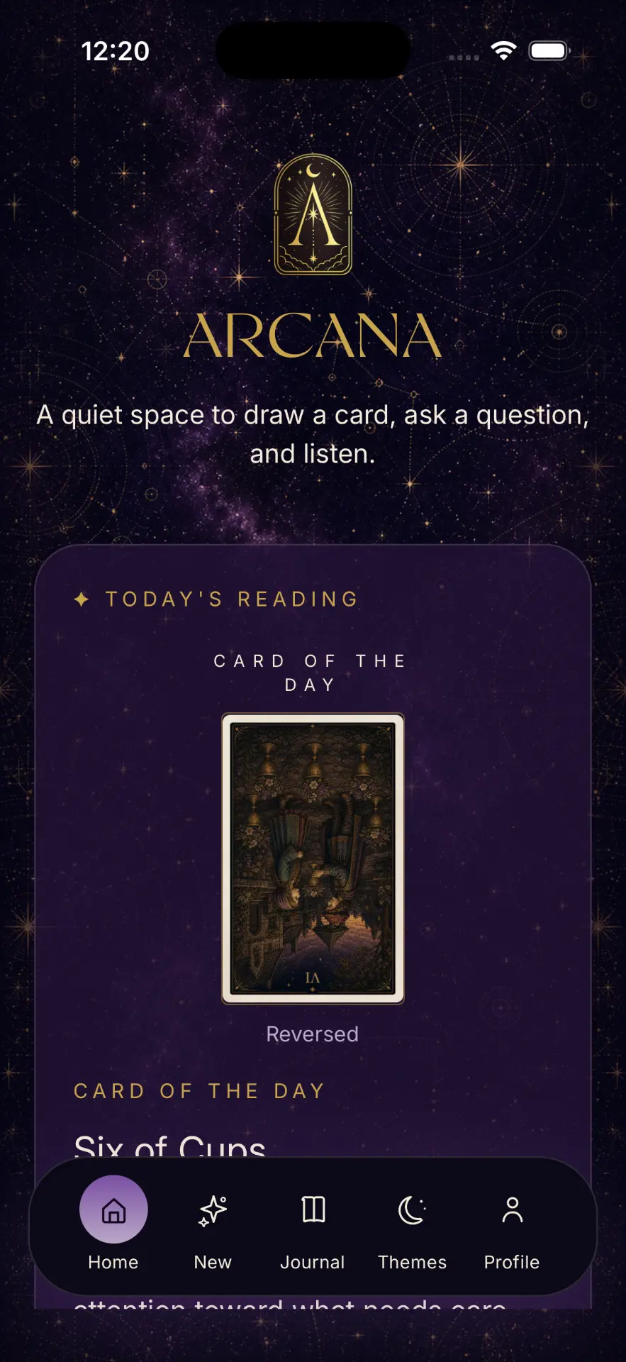 The Arcana app home screen showing today's reading and the card of the day