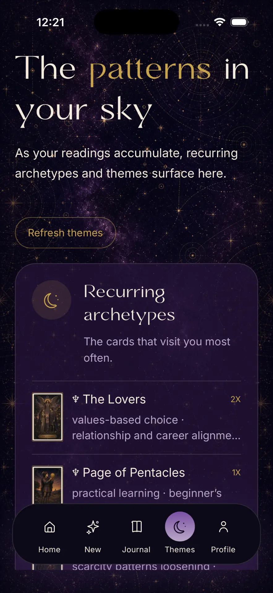 The Arcana themes screen showing recurring archetypes across past readings